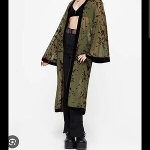 Disturbia Olive Green Velvet-Trim Duster Coat
